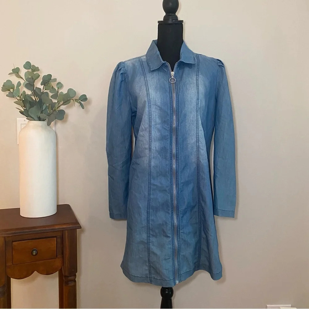 Given Kale Zip Front Chambray Shirt Dress Puffed Shoulder Long Sleeve Medium N25